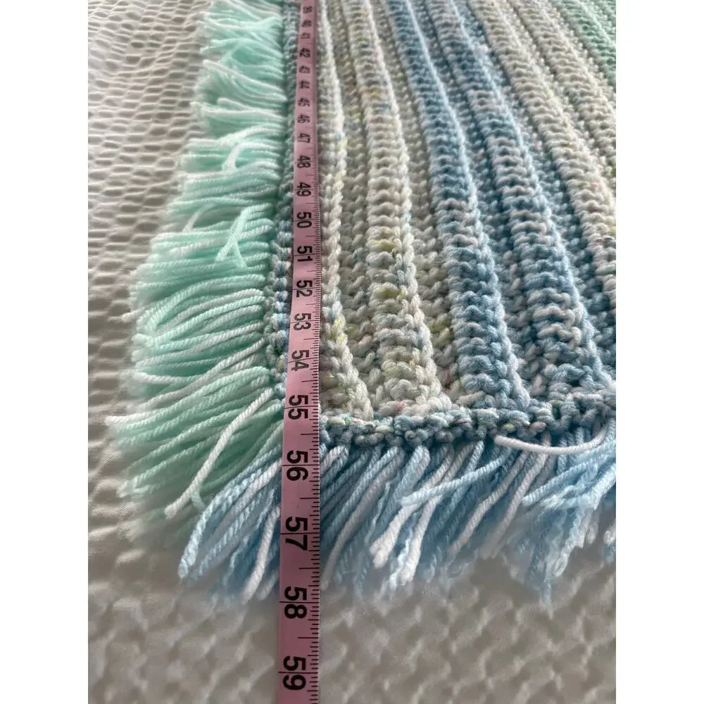 HANDMADE Crochet Afghan Throw Blanket 57x57 Pastel Blue Mint Fringed Cottagecore